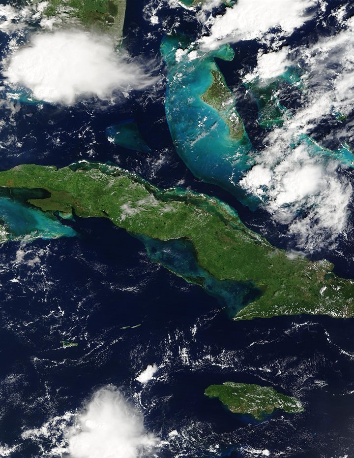 Satellite view of the Caribbean showing the shipping route from Florida, USA to Jamaica